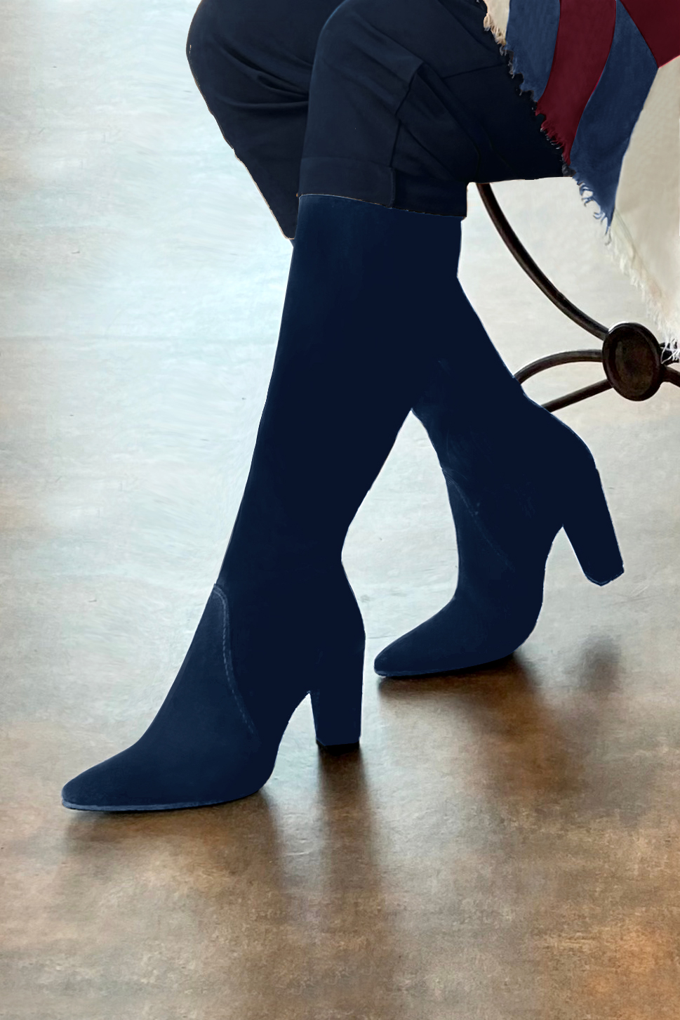 Navy blue women's feminine knee-high boots. Tapered toe. Very high block heels. Made to measure. Worn view - Florence KOOIJMAN